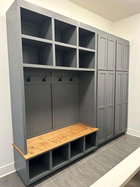 Customizable Modern Halltree - Etsy Entrance Storage Design, Mudroom Hall Tree Diy, Mudroom Bench Ideas With Storage, Hall Tree With Side Cabinet, Dark Grey Mudroom Cabinets, Hall Tree Shoe Storage, Coat Closet Organization Front Entry Small Spaces Shoe Storage, Sports Mudroom Ideas, Narrow Mudroom Storage