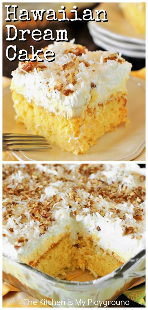 Hawaiian Dream Cake ~ a layered delight with pineapple & coconut laced yellow cake, creamy pineapple pudding, and freshly whipped cream & coconut topping. Cool, creamy, & comforting!  www.thekitchenismyplayground.com Hawaiian Dream Cake, Cake With Pudding, Coconut Pineapple Cake, Pineapple Pudding, The Kitchen Is My Playground, Hawaiian Desserts, Pineapple Cake Recipe, Hawaiian Cake, Pineapple Desserts