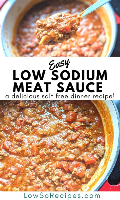 Low Sodium Meat Sauce for Pasta Recipe (No Salt Added) Low Sodium Meat, Low Sodium Beef Stew, Low Sodium Spaghetti, Low Salt Dinners, Low Sodium Pasta Sauce, Low Sodium Sauces, Low Sodium Pasta, Low Sodium Dinner Recipes, Low Sodium Spaghetti Sauce