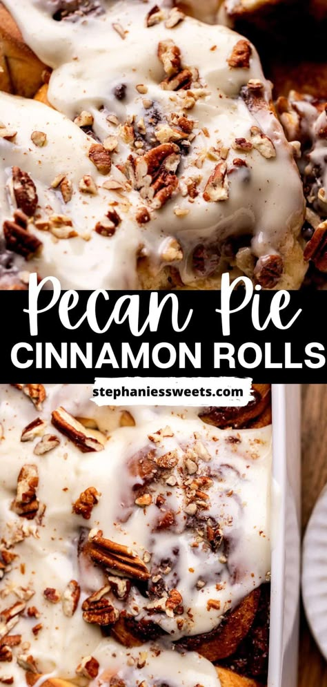 These pecan pie cinnamon rolls are super soft rolls with cinnamon pecan filling and pecan pie filling. They are topped with a cream cheese glaze. It is the perfect marriage of cinnamon buns and Thanksgiving dessert. Fall Inspired Desserts Recipes, Pecan Pie Cinnamon Roll, Best Homemade Cinnamon Rolls, Soft Rolls, Pecan Cinnamon Rolls, Pecan Filling, Cinnamon Roll Recipes, Sweet Roll Recipe, Pecan Pie Filling