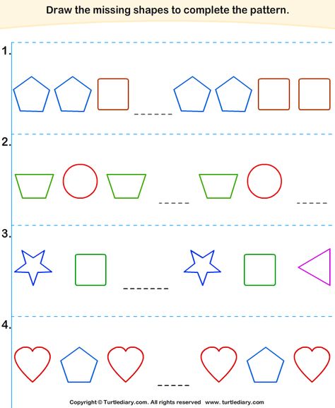 Download and print Turtle Diary's Complete the Shapes Pattern worksheet. Our large collection of math worksheets are a great study tool for all ages. Pattern Worksheets For Kindergarten, Learning Websites For Kids, Shapes Worksheet Kindergarten, Worksheets For Class 1, Shape Tracing Worksheets, Math Patterns, Pattern Grading, Pattern Worksheet, Math Journal