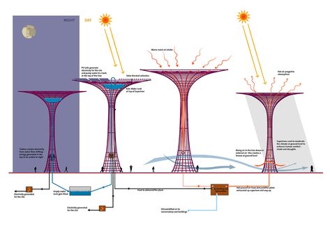 Solar Supertrees in Singapore are Vertical Gardens That Light Up the Night Sky - Off Grid World Singapore Garden, Urban Landscape Design, Architecture Concept Diagram, Concept Diagram, Landscape Architecture Design, Green Architecture, Architecture Design Concept, Gardens By The Bay, Diagram Architecture