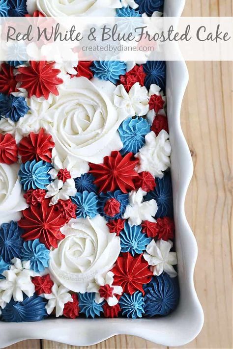 Red And Blue Cake, Lemon Sour Cream Cake, Patriotic Cake, Fourth Of July Cakes, Blue Frosting, 4th Of July Cake, July Desserts, Sour Cream Cake, 4th Of July Desserts