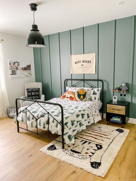 Kids bedroom boys bedroom exploring outdoorsy theme boys bedroom ideas green accent wall board and battan ikea name banner wayfair homesense Bedroom Ideas Green Accent, Statement Walls Bedroom, Farm Boy Room, Boy Room Accent Wall, Boys Bedroom Green, Bedroom Ideas Green, Green Boys Room, Green Accent Wall, Canvas Flag