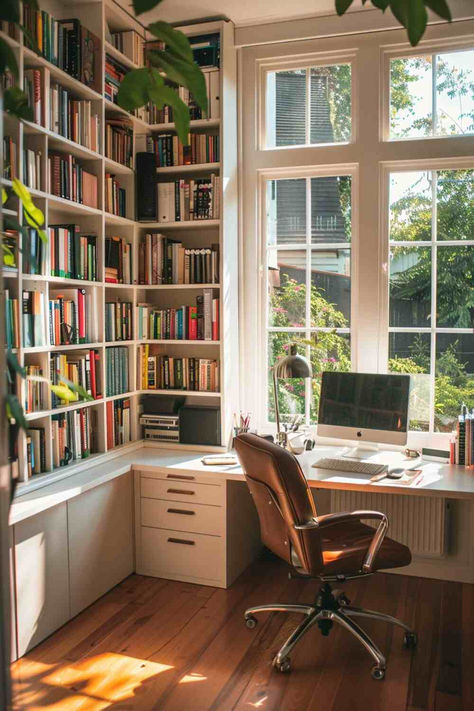 50+ Inspiring Office Built-In Ideas for Your Home Workspace Modern Office Library Design, Bookshelf In Home Office, Book Desk Ideas, Creative Room Interior, Home Office With Bookshelf, Office Window Desk, Writing Desk Ideas Inspiration, Small Library And Office Room, Desk Setup With Bookshelf