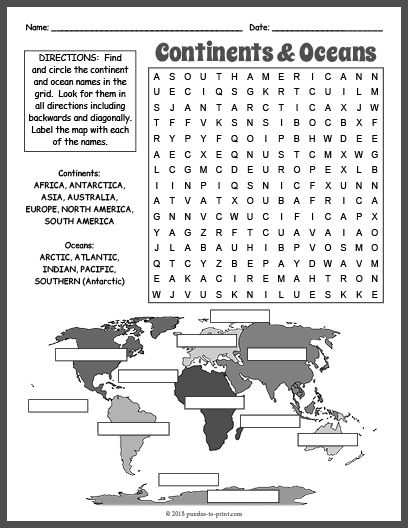 Free Printable Continents and Oceans Word Search Continents And Oceans Printables Free, Magic Squares Math, Continents Activities, Ocean Words, Ocean Names, Oceans Song, Free Printable Word Searches, Puzzle Worksheet, Free Printable Puzzles