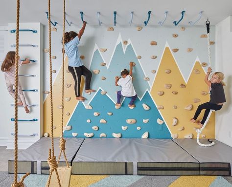 Active Playroom, Kids Indoor Gym, Climbing Wall Kids, Indoor Climbing Wall, Indoor Playroom, Boys Play, Basement Playroom, Kids Climbing, Kids Basement