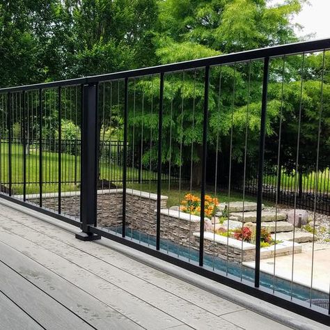 Vertical Cable Railing, Stairs Sizes, Cable Railing Deck, Black Cabin, Deck Railing Design, Cable Railing Systems, Beautiful Stairs, Railings Outdoor, Metal Fab