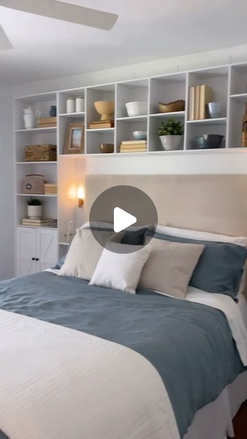 Chica And Jo on Instagram: "#ad My guest room was in desperate need of some personality and I wanted to add a bold accent with minimal DIY effort required. With help from @loweshomeimprovement we created a built-in look around the bed quickly and easily by hanging pre-fab bookcases. Isn’t it just like us to flip one on its side?  Now the space is so dreamy that my guests might not want to leave!

#builtinshelves #bedroombuiltins #bedroom #builtins #easydiy #bedroommakeover #accentwall #guestroom #lowespartner #lowesproject" Bedroom Built Ins, Built In Shelves, Wall Unit, Built Ins, Guest Room, Bedroom Makeover, Accent Wall, Easy Diy, Bookcase