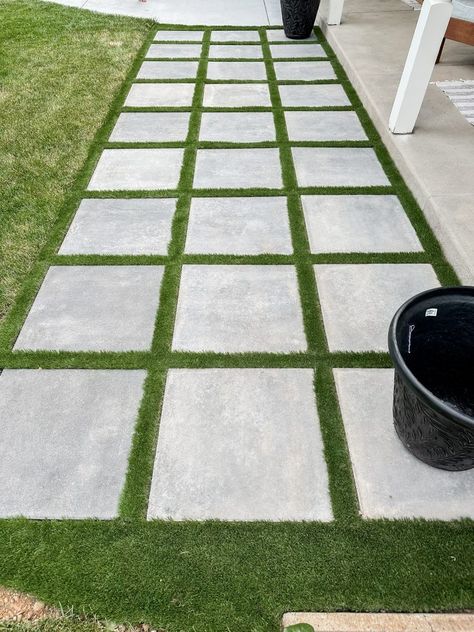 How To DIY The Best Artificial Grass Paver Patio Turf And Pavers Backyard, Turf Between Pavers, Turf And Pavers, Outdoor Wine Bar, Turf Paver, Giant Backyard, Brick Flower Bed, Zero Scape, Paver Patio Ideas