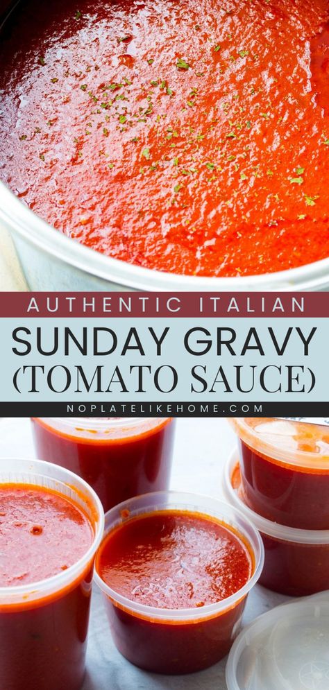 Get ready for a big pot of this homemade condiment! Nothing beats this Authentic Italian Sunday Gravy. Rich in color with a wonderful flavor, this homemade tomato sauce is perfect for any pasta dish. This easy sauce recipe is also vegetarian, vegan, and gluten-free! Best Italian Tomato Sauce Recipe, Italian Gravy Recipe, Sunday Gravy Recipe, Italian Sunday Gravy, Italian Sauce Recipes, Italian Spaghetti Sauce, Sunday Gravy, Red Sauce Recipe, Recipe Tomato