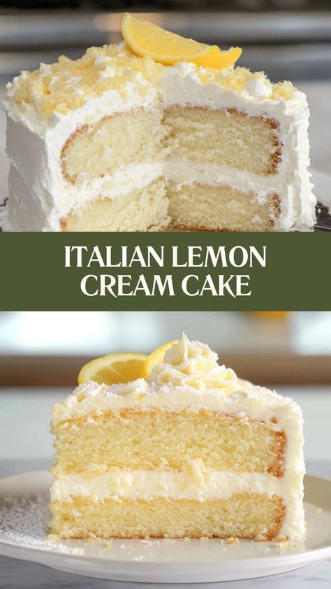 Tangy, creamy, and simply irresistible—Italian Lemon Cream Cake is the perfect dessert to brighten up any occasion! 🍰🍋 #ItalianLemonCake #TangyDelight #CheesecakeFactoryFavorites #LemonLovers #ZestyAndSweet #DessertGoals #CitrusCravings #PerfectlyCreamy #SweetTreats #LemonDesserts 🍋✨ Not So Sweet Cake Recipe, Lemony White Chocolate Cheesecake, Coconut And Lemon Cake, Mascarpone Lemon Cake, Lemon Cake With Sour Cream, Cream Filled Bundt Cake, Light Christmas Cake, Lemon Cake Cream Cheese Frosting, Cannoli Cake Recipe Italian Desserts