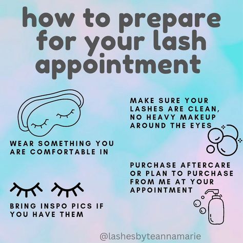 Some tips to come prepared for your lash appt 🫶 🩷 Dress comfortably, full set appointments can last up to 3.5 hours 🩷 Try to come in with a clean face, no eye make up on 🩷 If you wear contact lenses, please bring your glasses or contact case with. I will ask for you to take your contacts out while we apply your lashes to protect your eyes 🩷 If you have ideas/inspo pics please share with me! I'm always ready to try new ideas and techniques to get you the lashes of your dreams ☁️ 🩷 Pur... Contact Case, Heavy Makeup, Ear Buds, Inspo Pics, Clean Face, Eye Health, Take A Nap, Eye Make, Book An Appointment