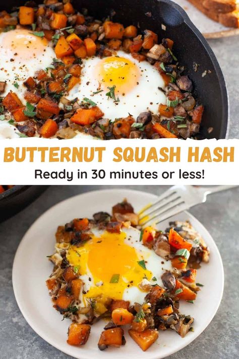 The ultimate fall and winter brunch! Ready in less than 30 minutes, this butternut squash hash with eggs is easy to whip up and perfect for the holidays! #breakfastrecipes #holidayrecipes (AD) Butternut Squash Breakfast, Butternut Squash Hash, Squash Breakfast, Savory Butternut Squash, Buttercup Squash, Winter Brunch, Brunch Inspiration, Hash Recipe, Breakfast Hash