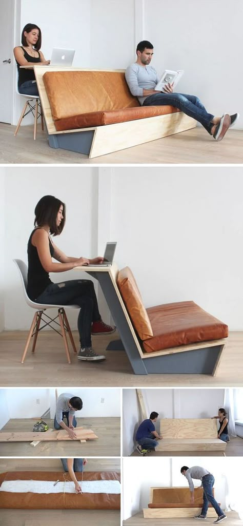 This tutorial for a DIY modern couch teaches you how to create a couch with a wood frame and leather cushions that also doubles as a desk. Diy Couch, Modern Couch, Diy Sofa, Design Del Prodotto, People Sitting, Modern Diy, Furniture Projects, Cool Furniture, Wood Working