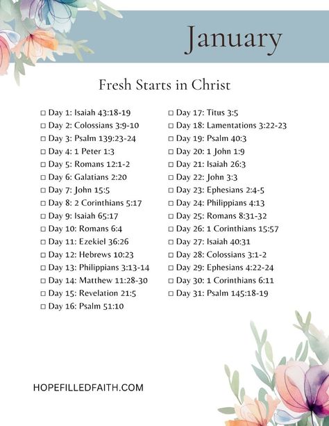 January Bible Reading Plan - Fresh Starts in Christ January 12 Bible Verse, January Bible Journaling, January Fresh Start, Bible Verses For January, January Bible Reading Plan 2025, Where To Start In The Bible For Women, February Bible Reading Plan 2024, How To Read The Bible In A Year, 2025 Bible Reading Plan