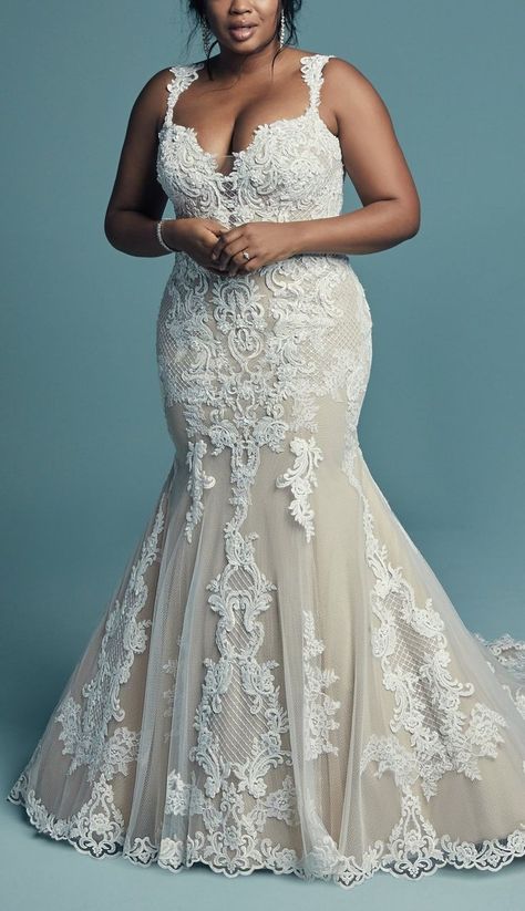 Maggie Sottero - ABBIE LYNETTE, This elegant fit-and-flare wedding dress offers additional coverage to our Abbie style, featuring embroidered lace motifs and crosshatching dance over tulle. Plus Wedding Dresses, Plus Size Wedding Gowns, Maggie Sottero Wedding Dresses, Plus Size Bride, Boda Mexicana, Curvy Bride, Fit And Flare Wedding Dress, Plus Size Wedding Dresses, Fitted Wedding Dress