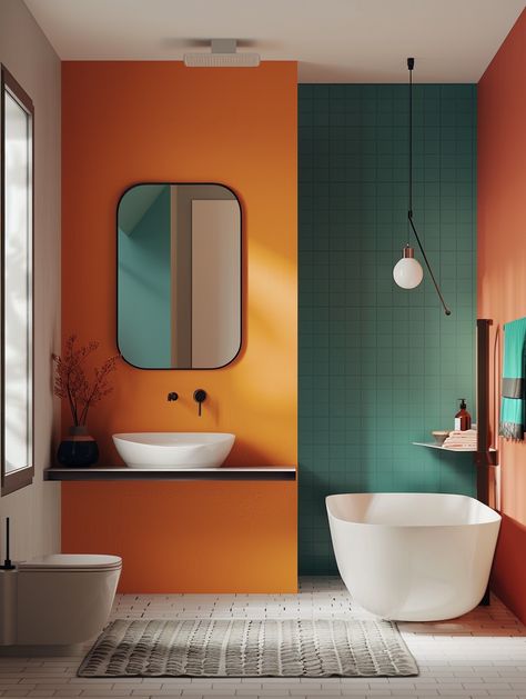 75 Trending Bathroom Paint Colors for a Modern Look Wes Anderson Aesthetic Bathroom, Primary Colors Bathroom, Bathroom Accent Wall Color, Fun Bathroom Colors Paint, Small Bathroom Colourful, Bold Color Bathroom, Funky Half Bathroom Ideas, Yellow Painted Bathroom, Colorful Master Bath