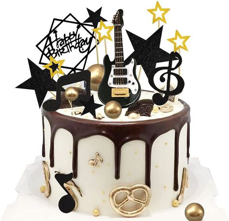 Set of 24 cake topper picks includes 1 electric guitar model; 4 gold pearl ball cake toppers; 6 music note cake toppers; 5 gold star cake toppers; 7 black star cake topper; 1 black happy birthday cake topper. Music Note Birthday Cake, Rock Theme Party, Music Birthday Cakes, Music Birthday Cake, Rock Star Cakes, Festa Rock Roll, Music Themed Birthday, Guitar Birthday Cakes, Bolo Musical