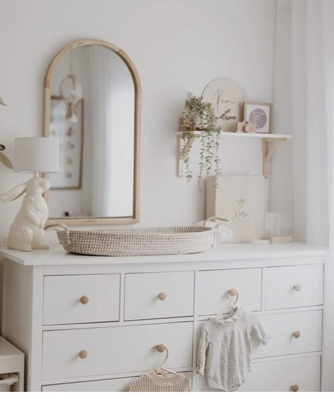 Mirror In Baby Nursery, Arched Mirror Nursery, Nursery Mirror And Shelves, Arch Mirror Nursery, Wall Shelves Above Dresser, Above The Dresser Nursery Decor, Arch Mirror Above Dresser, Nursery Dresser With Mirror, Nursery Gold Mirror