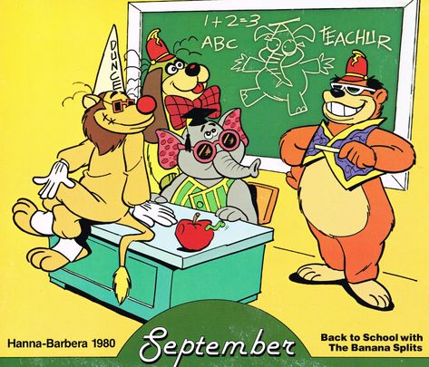 Hanna-Barbera Calendar, 1980 - Banana Splits Back to Schoo… | Flickr The Banana Splits Show, Split Movie, The Banana Splits, Saturday Cartoon, 70s Cartoons, Banana Splits, 80 Cartoons, Hanna Barbera Cartoons, Classic Cartoon Characters