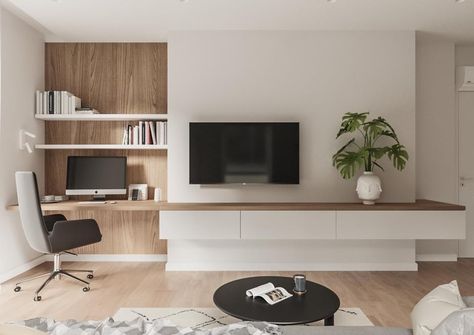 Tv Desk Living Room Modern, Tv Wall With Desk Ideas, Tv Console And Desk Combo, Tv Desk Living Room Wall Units, Desk Tv Console Combination, Living Room With A Desk, Tv And Desk Wall Unit Living Room, Tv Stand With Desk, Home Office And Tv Room Combo