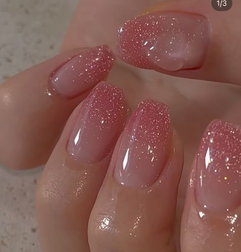 Pink French Tips Glitter, Baby Pink Sparkly Nails, Sparkle Gradient Nails, Pink Nails With Glitter Tips, Nail Ideas Pink Glitter, Korean Pink Nails, Sparkly Pink Acrylic Nails, Princess Nails Aesthetic, Subtle Glitter Nails