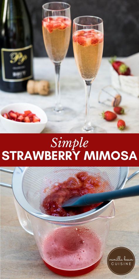 Strawberry mimosas are the perfect late-spring/summer cocktail, featuring sweet strawberry syrup topped with sparkling wine and finely chopped strawberries. Strawberry Mimosas, Strawberry Mimosa, Strawberry Wine, Spring Cocktails, Strawberry Syrup, Summer Cocktail, Happy Times, Seasonal Ingredients, Cuisine Recipes