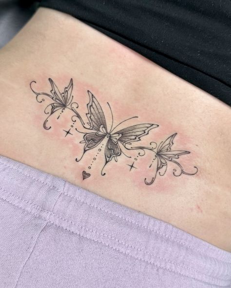 Dainty butterfly tramp stamp for Andra 🫧 Kelly Chen, Wheat Tattoo, Butterfly Tattoo Stencil, Lower Back Tattoo, Tattoos Instagram, L Tattoo, Dainty Butterfly, Black Girls With Tattoos, Pretty Tattoos For Women