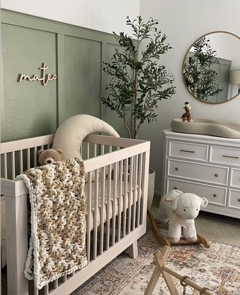 Green Grey And Beige Nursery, Boho Boy Nursery Ideas, Accent Wall Baby Room, Sage Baby Room, Sage Nursery Boy, Boy Nursery Ideas Green, Moody Nursery Ideas, Sage Green Boy Nursery, Sage Green Nursery Girl