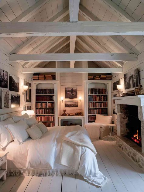 White Cabin Bedroom, Cabin Bedroom Ideas, White Log Cabin, Cabin Bedrooms, White Cabin, Cabin Chic, Cabin Bedroom, Casa Country, Attic Space