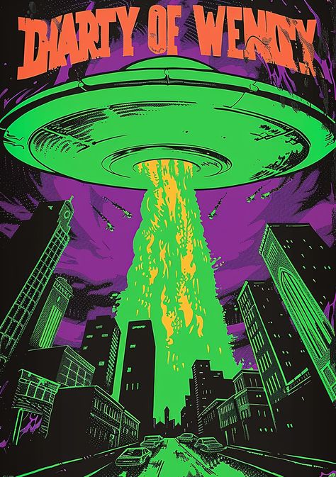 #NeonGreenFlyingSaucer #Ufo #CleanVectorArt #1950sHorrorMoviePoster #NeonColors #GrungePopArt #WarOfTheWorlds Green Comic Aesthetic, Neon Design Poster, Graphic Design Posters Green, Neon Colors Aesthetic, Pop Poster Design, Purple Green Aesthetic, Green And Purple Aesthetic, Purple And Green Aesthetic, Grunge Poster Design