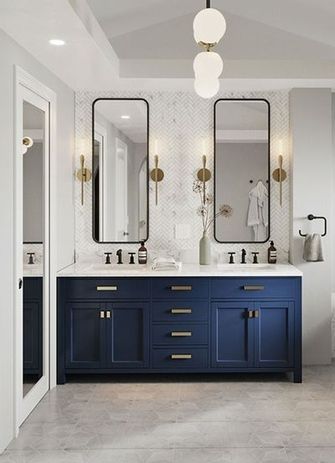 Made Renovation | Instant Estimate Bathroom Dark Blue Vanity, Small Bathroom Blue Vanity, Navy Vanity Bathroom Ideas, Blue Gold Bathroom, Shabby Chic Bathroom Vanity, Chic Bathroom Vanity, Dark Blue Bathrooms, Blue Bathrooms, Bathroom Design Small Modern