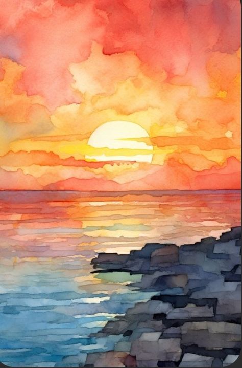 Watercolor Sunset Paintings, Watercolor Sunsets For Beginners, Pejzazi Art, Sunset Drawing Easy Watercolor, Unique Watercolor Paintings Ideas, Easy Beach Painting For Beginners, Sunset Watercolor Painting Easy, Ocean Sunset Watercolor Painting Easy, Sunsets Watercolor