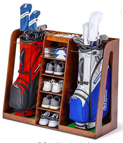 Diy Golf Storage, Golf Bag Storage Diy, Golf Equipment Storage, Stairs Dog House, Golf Bag Storage, Golf Storage, Handyman Hacks, Simulator Room, Golf Simulator Room