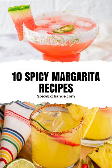 collage with two photos of margaritas with chili; text "10 spicy margarita recipes". Spicy Margarita Recipe Pitcher, Best Spicy Margarita Recipe, Spicy Margarita Recipes, Spicy Watermelon Margarita, Watermelon Jalapeno Margarita, Mango Jalapeno Margarita, Pitcher Margarita Recipe, Margarita Mix Recipe, Spicy Margarita Recipe