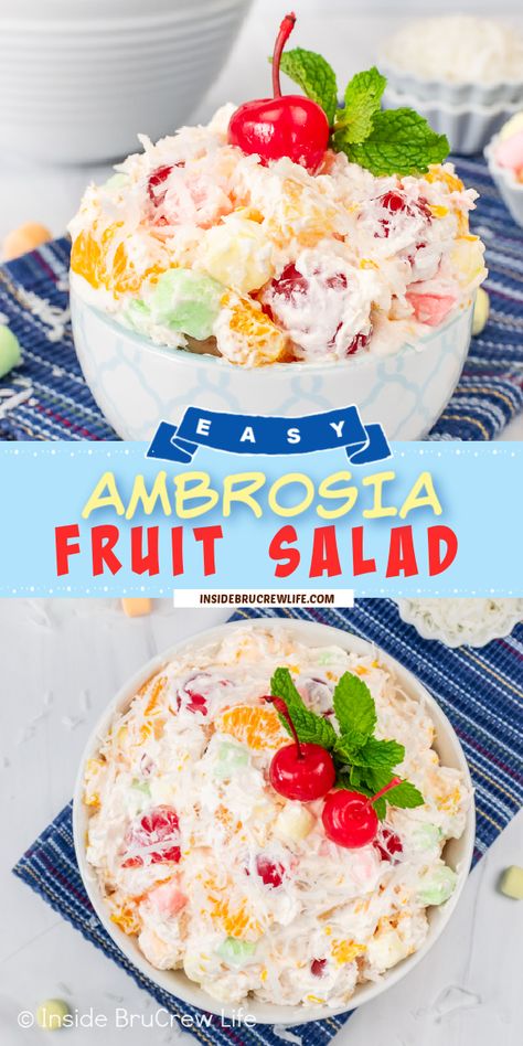 This Ambrosia Fruit Salad is an easy dish that does not require much work. Mix everything together and then refrigerate until time to serve. Delicious ambrosia recipe for holiday dinners or potlucks. Recipes With Canned Fruit, Ambrosia Dessert, Fruit Salad With Cool Whip, Ambrosia Recipe, Ambrosia Fruit Salad, Homemade Whipped Cream Recipe, Easy Fruit Salad Recipes, No Bake Dessert Recipes, Homemade Graham Cracker Crust