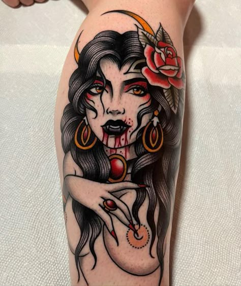 Old School Horror Tattoo, Trad Woman Tattoo, Vampire Woman Tattoo, Female Vampire Tattoo, Traditional Horror Tattoo, American Traditional Pinup, Horror Pinup Tattoo, Vamp Tattoo, Vampire Lady Tattoo