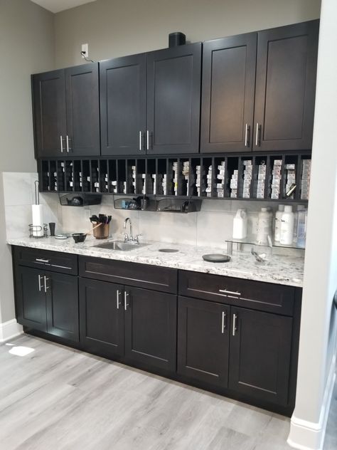 Ikea Cabinets For Salon, Salon Mixing Station Ideas, Hair Salon Backbar Ideas, Salon Backsplash Ideas, Color Bar Hair Salon, Salon Back Room Ideas, Salon Build Out, Salon Bar Ideas, Salon Cabinet Ideas