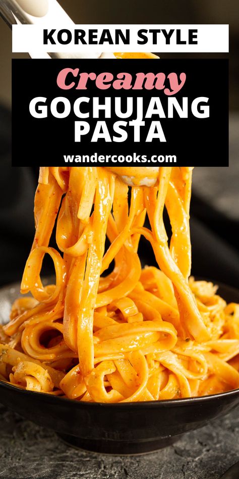 You’ll love this quick and creamy gochujang pasta, ready in only 10 minutes! Spicy and satisfying, use the base recipe for an almost effortless meal, or amp it up with chicken or veggies to make it go even further. Gochujang Chicken Alfredo, Creamy Gochujang Pasta, Gojuchang Pasta, Go Chu Jang Recipes, Gochujang Dishes, Gojuchang Noodles, Recipes Using Gochujang, Gojuchang Sauce, Gochujang Recipe Dishes