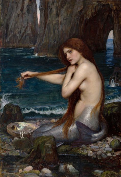 John William Waterhouse presented this painting to the Royal Academy after his election as an Academician. From the 1880s Waterhouse exhibited at the Royal Academy and the New Gallery both complex compositions with many figures as well as single figures often taken from literature or Greek mythology. It is possible that Waterhouse's painting of A Mermaid was inspired by Alfred Lord Tennyson's poem The Mermaid (1830) which includes the linesWho would beA mermaid fair,Singing alone,Combing her hai Waterhouse Paintings, John Waterhouse, Fantasy Poster, The Lady Of Shalott, Mermaid Poster, Pre Raphaelite Brotherhood, Pre Raphaelite Art, William Ellis, Most Famous Paintings