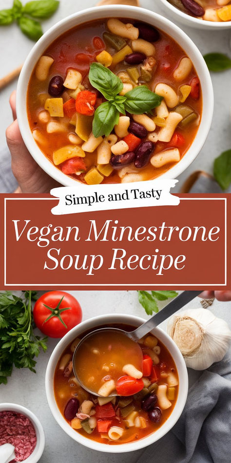 Vegan Minestrone Soup served in a white bowl with crusty gluten-free bread on the side. Vegan Protein Soup, Plant Based Soup Recipes, Vegan Minestrone, Vegan Minestrone Soup, Vegan Vegetable Soup, Vegan Soups And Stews, Protein Soups, Vegan Tomato Soup, Comfort Recipes