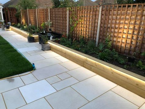 Garden With Patio Ideas, Terrace House Backyard, Paving Small Garden, Ideas For Square Gardens, Modern Gardens Uk, Garden Design Terrace, Long Garden Design Ideas, Small Rectangle Garden Design, Patio Borders Ideas