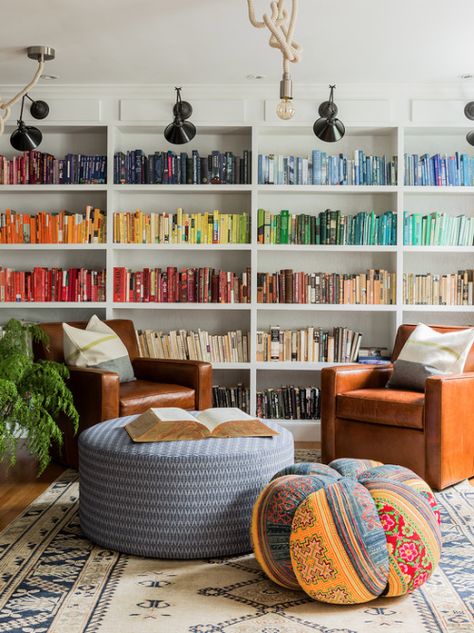 Colorful Books, Decor Ikea, Home Library Design, Bookshelf Styling, Cozy Living Spaces, Design Library, Home Libraries, Library Design, A Living Room