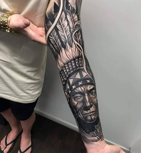 American Tattoo Sleeve, American Flag Forearm Tattoo, Native Indian Tattoos, Indian Skull Tattoos, Male Tattoos, American Indian Tattoos, Native American Tattoo, Full Leg Tattoos, Native American Tattoos