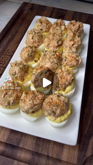 Desha Jordan on Instagram: "Salmon Salad Devil Eggs!! Inspired by: Tylisha Johnson #food #foodie #foodies #reels #reelsinstagram #foodiesofinstagram #foodporn #salmon #salad #healthy #lowcarb #keto #delicious #easyrecipe #recipe #reelsvideo #reelitfeelit #toptags #tasty #explore #explorepage" Tuna Deviled Eggs Recipe, Devil Eggs, Salad Healthy, Deviled Eggs Recipe, Tuna Recipes, Salmon Salad, Tuna Salad, Deviled Eggs, Cooking Time