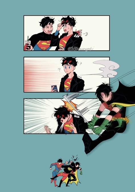 🎨 art by: @hokkemaruyaki Batfamily Memes, Robin Fanart, Derpy Cats, Dc Comics Funny, A Silent Voice Anime, Superman X Batman, Jon Kent, Batfamily Funny, Super Sons