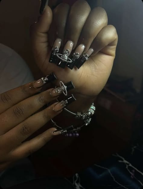 Black French Tip Inspo Nails, Black French Tip Nails With Cross Gem, Black Nail Sets Y2k, Black French Tip Nails Chrome Hearts, Black French Tip Nails With Gems Rhinestones, Nail Ideas Black Tips, Black Cross Nails Acrylic, Ombre Acrylic Nails Black, Black Acrylic Nails With Cross Charm