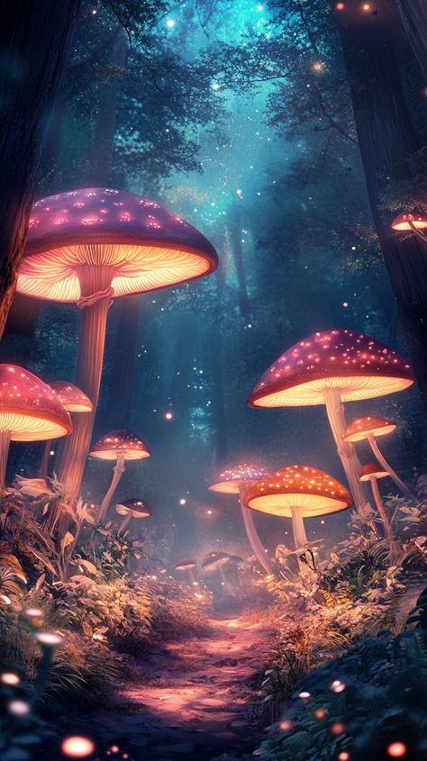 Mystical Anime Forest with Bioluminescent Plants in 4K Mystical Forest Aesthetic, Bioluminescence Aesthetic, Bioluminescent Plants, Bioluminescent Forest, Magical Mushroom Forest, Anime Forest, Giant Mushroom, Dnd Inspiration, Yoshitaka Amano