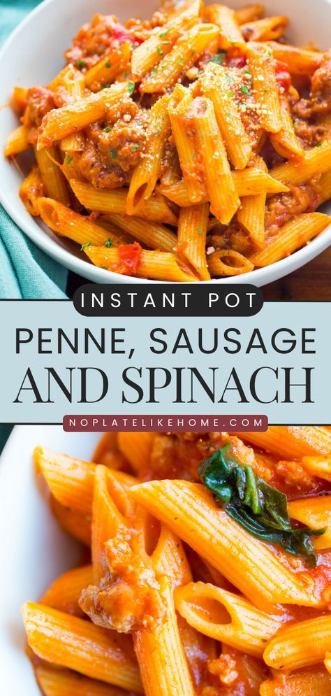 The perfect weeknight dinner in under 30 minutes! Cheesy, filling, and delicious, this Instant Pot penne pasta will become one of your go-to comfort food. What's not to love about a simple pasta recipe with veggies and cheese in meat sauce? Pasta With Sausage And Spinach, Sausage Spinach Pasta, Pressure Cooker Pasta, Instant Pot Pasta, Sausage And Spinach, Pasta With Meat Sauce, Sausage Pasta Recipes, Pasta With Sausage, Instant Pot Pasta Recipe